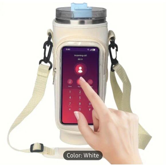 New Cream Neoprene 40oz Water Bottle Sleeve Plastic Phone Pocket Removable Strap - Picture 1 of 3